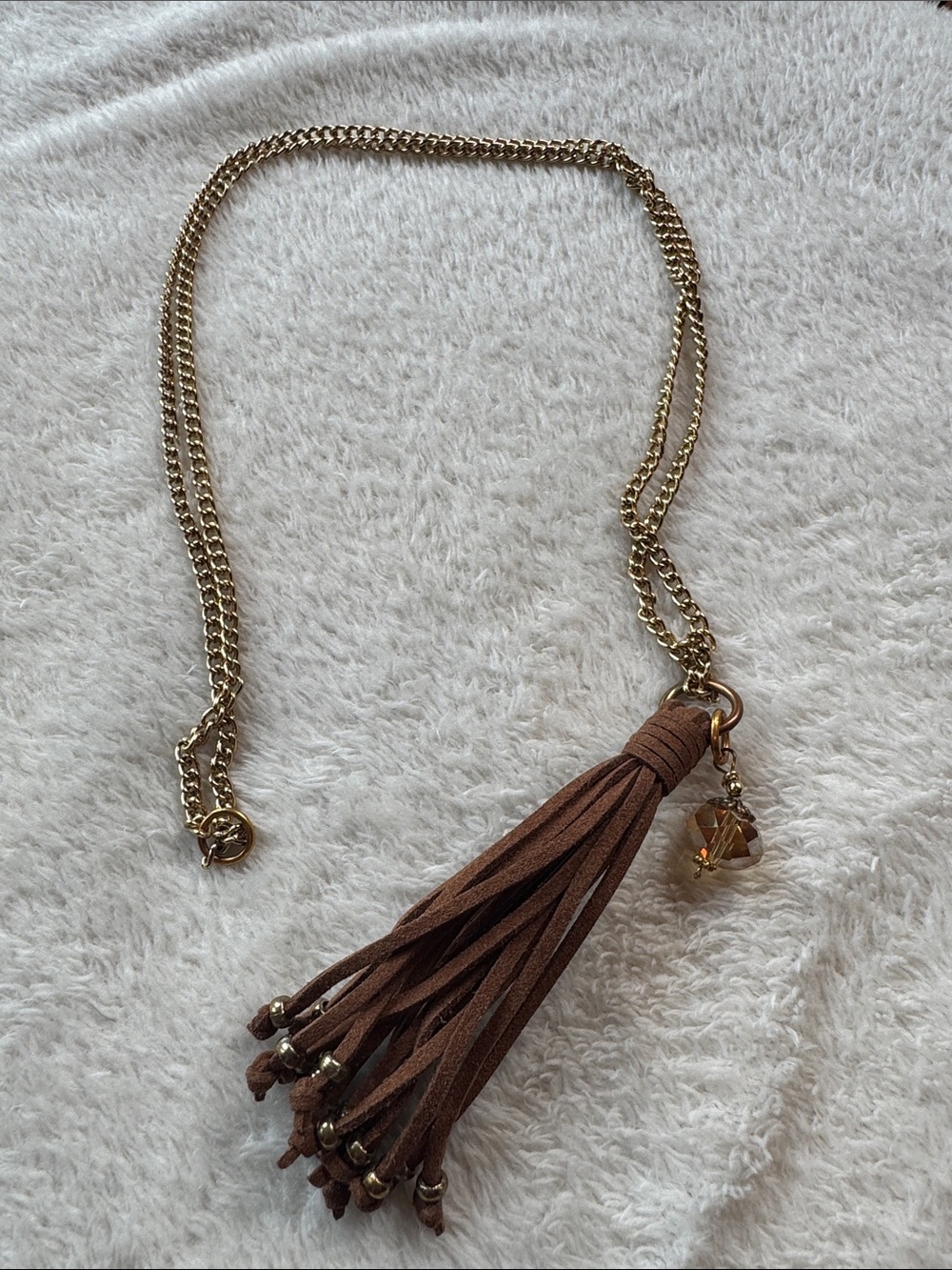 Gold Chain Necklace with Brown Suede Tassel Pendant